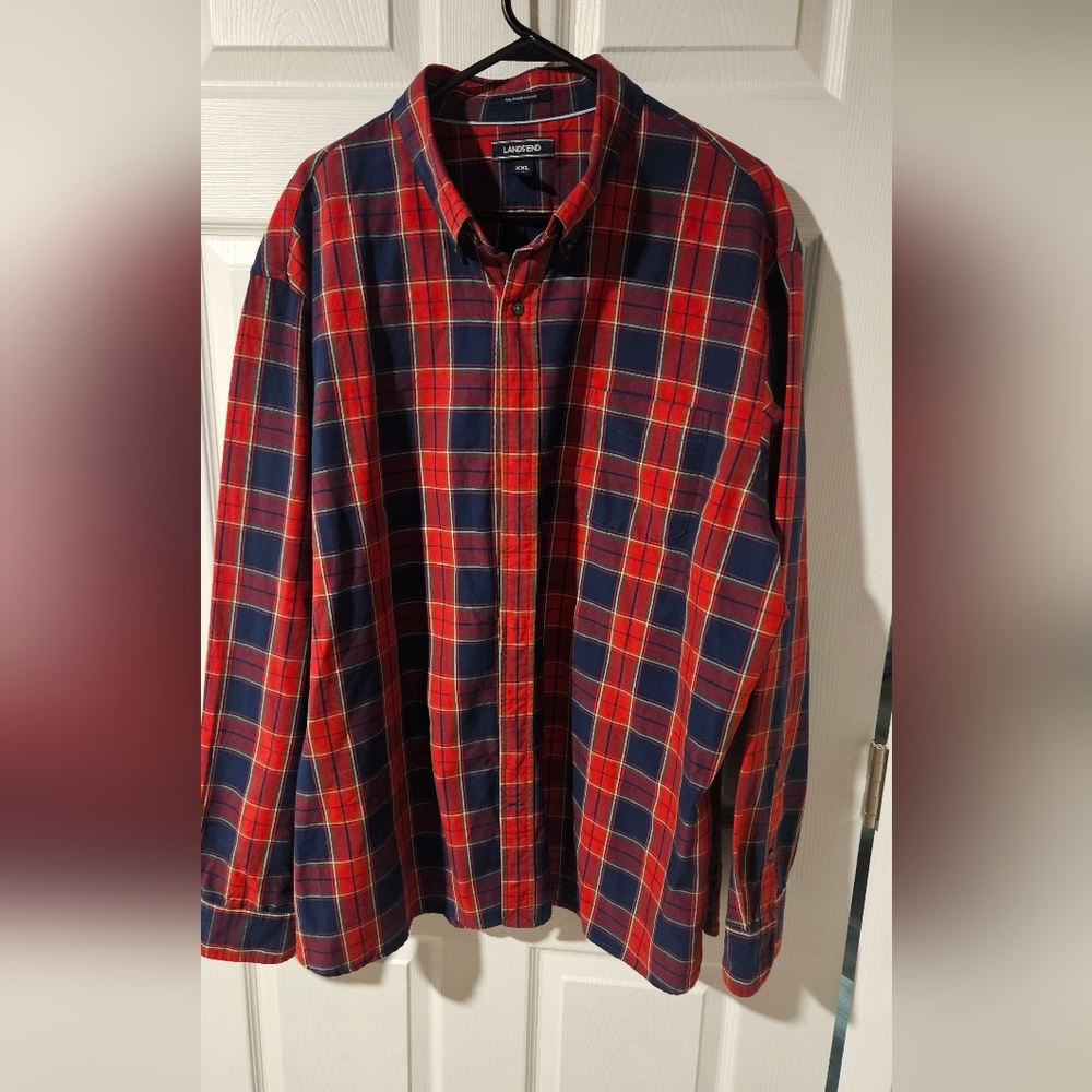 Lands' End Red and Navy Plaid Button Down Shirt